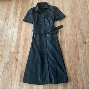 Tahari Faux Leather Midi Dress Womens 16 Black Button Up Minimalist Old Money
